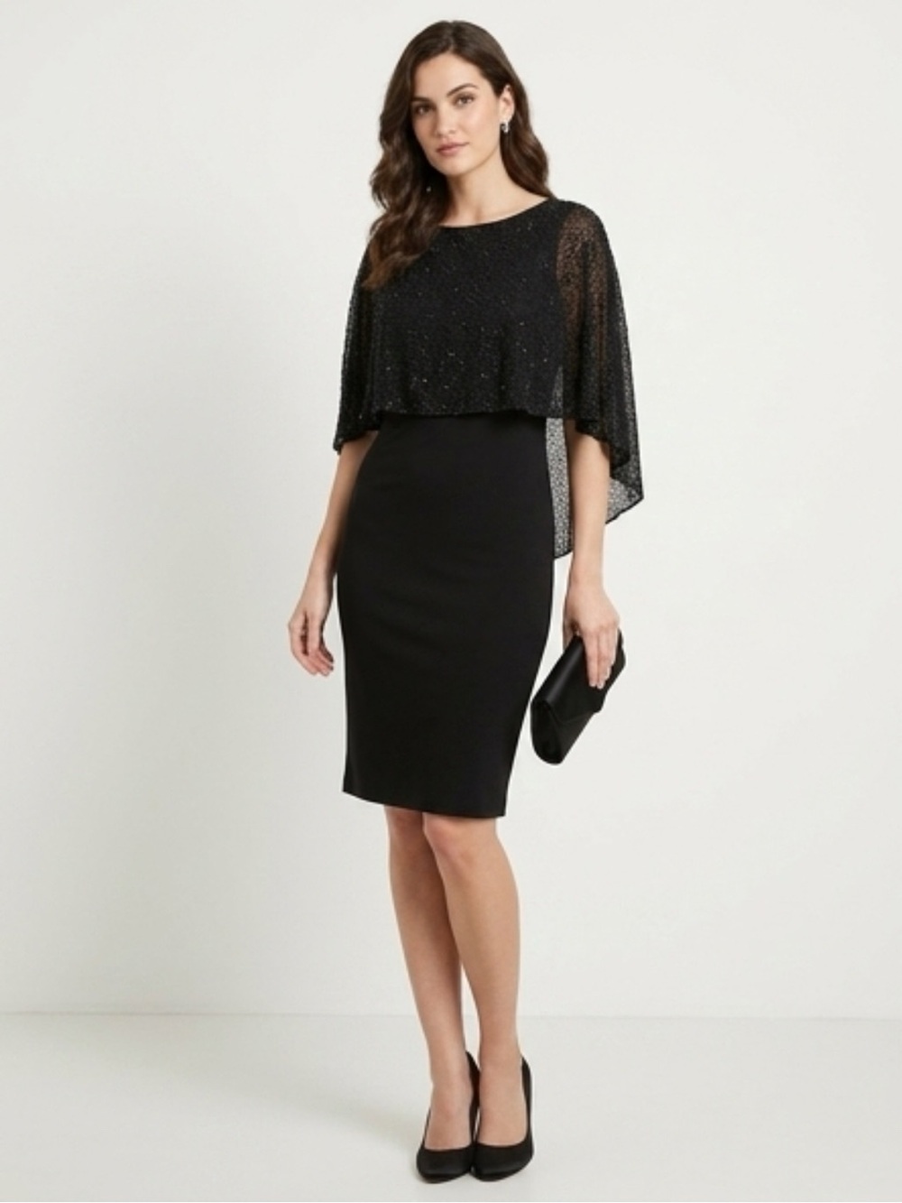 St. John Black Sheath Dress with Silk Stole And Swarovski Crystal